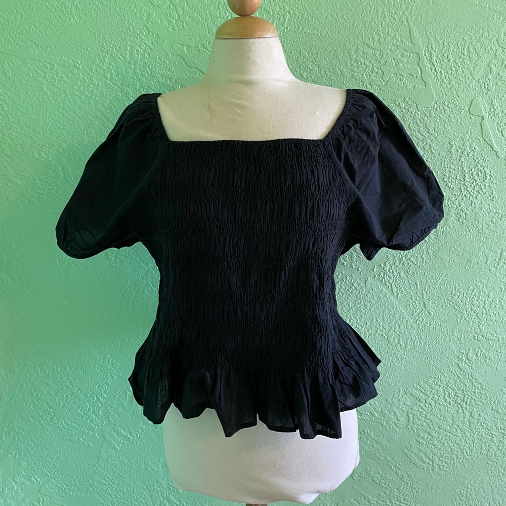 Ann Taylor Black Smocked Peplum Blouse